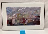 Full view of the framed abstract acrylic painting on paper depicting dynamic brushwork and layered colors.