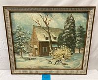 Full view of the oil painting depicting a snowy house and geese in a winter landscape, framed.