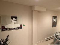 Two framed posters hanging on a wall in a basement room. Both appear to be Patrick Nagel graphic artworks under plastic frames.