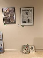Wall-mounted framed print of Toronto Daily Star front page dated March 20, 1944, and a framed cottage photo collage.