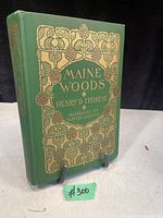 Front cover of antique book 'The Maine Woods' by Henry D. Thoreau with green cloth and gold embossed design.