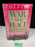 Front cover and dust jacket of the vintage 1967 Modern Library edition of War and Peace by Tolstoy, showing the title and author name prominently.