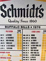 Close-up of Schmidt's beer sign showing Buffalo Bills 1976 schedule and details.