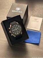 Benyar watch in original box with user manual and polishing cloth.
