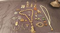 Full view of the lot laid on cloth showing all jewelry pieces including necklaces, brooches, pins, earrings, and small decorative charms.