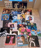 Overview of 24 Elvis LP record albums laid out on floor