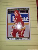 Front side of Joe Nieuwendyk hockey card showing player in Calgary Flames uniform with number 25.
