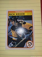 Front side of the 1981-82 Rick Kehoe hockey card in Pittsburgh Penguins uniform showing player image and details