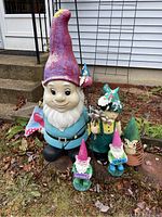 Five plastic gnomes displayed outside. Large gnome with purple hat in back, female gnome and smaller gnomes at front on grass.