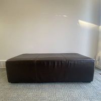 Front view of the rectangular dark brown leather ottoman, showcasing the overall shape and smooth leather surface with stitching dividing the top