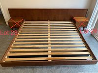Full view of teak headboard, platform frame and slats, nightstands marked excluded