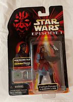 Front view of sealed Captain Panaka figure in original blister pack with Star Wars Episode 1 branding and photo of Darth Maul.