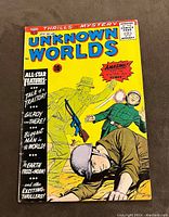 Front cover showing the title Unknown Worlds #4, an action scene with three characters, and text highlighting story features and price.