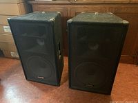 Front view of both black speaker cabinets with metal grilles and corner protectors