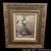 Full view of framed oil painting depicting daisies in vase, signed lower right by Ade Vito.