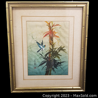 Full view of the framed watercolor painting on linen of bird and branch, showing signature and seal in lower left.