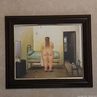 Full view of the framed print showing a nude woman standing next to a bed with a cat on a chair and a village view through an open door.