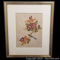 Framed watercolor painting of bird on flowering branch by Paul Chan