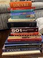 Stack of 14 assorted books on art, history, business, geography, crime, and travel topics shown on carpet against a fabric sofa.