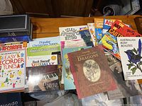 Books of music instruction and drawing/art books visible, includes Easy Recorder Tunes, Teach Yourself Visually Piano, The Standard Guitar Method, and artistic activity books.