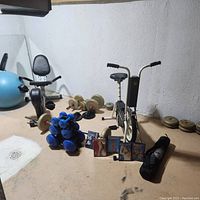 Wide view showing all items in lot including both stationary bikes, dumbbells, exercise ball, yoga mat bag, and DVDs
