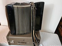 Full view of accordion resting on closed hard carrying case