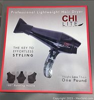 Front box showing CHI Lite carbon fiber hair dryer image and details of lightweight and styling benefits.