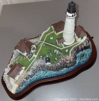 Top view of the model showing the island landscape, lighthouse, multiple buildings, paths, grassy areas, rocky shore, and water details.