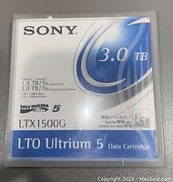 Close-up of a single Sony LTO Ultrium 5 Data Cartridge case showing capacity and label information.