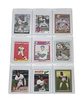 Front of 9 baseball cards laid out in 3x3 grid with Player images and names visible showing multiple Willie Mays cards and other Giants players.