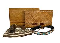 Lot showing two woven purses, a small fabric pouch with patterns and tassels, and a leather belt with turquoise stones.