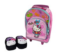 Pink Hello Kitty rolling bag with front zipper pocket and graphics; black and white Hello Kitty slippers with pink bows.