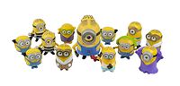 Photo showing all 14 Minion toy figures arranged together, displaying their various costumes and colors.