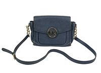 Front view of the blue Michael Kors medium crossbody bag with flap and MK logo emblem, showing full length strap.