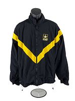 Front view of black jacket with yellow chevron stripe and U.S. Army logo on chest.