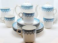 Full set arranged showing teapot, creamer, sugar bowl with lid, cups on saucers, and additional cups around them, highlighting overall condition and blue decorative border.