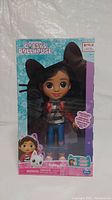 Front view of Gabby's Dollhouse Gabby Girl doll in original unopened packaging featuring the doll with removable black cat ears, clearly visible through windowed box.