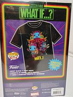 Packaging front showing What If...? logo, finished T-shirt artwork preview and Funko Pop! Tee branding