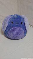 Front view of the blue and purple Squishmallow plush showing round shape, facial features, and textured belly.
