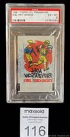Front view of the 1961 Topps CFL Hal Patterson transfer insert card in PSA graded slab, showing colorful sports image and PSA grade label.