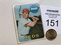 Front of 1969 OPC baseball card featuring Pete Rose in Cincinnati Reds uniform, holding a bat, with team name and player details.