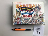 Closed box of 1988 Leaf Baseball Awesome All Stars Stickers wax packs with colorful cartoon baseball characters and text on front.