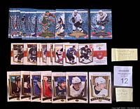 Three sets of 2007-08 Upper Deck hockey insert cards laid out on a black background, showing all cards in each set with sticky notes labeling sets.