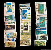 Lot of 150 assorted Red Rose Tea collectible cards laid out in three neat columns showing diverse themes including animals, boats, space scenes, and nature.