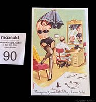 Single postcard with a woman in black lingerie and stockings lifting an umbrella over a seated man in white shirt, at a vanity with mirror, black boots and police baton on floor, French caption below.