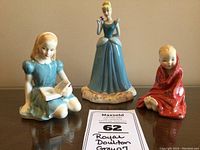 Photo of three Royal Doulton figurines: Alice seated reading a book, Cinderella standing behind her, and a Little Pig figurine wrapped in a red blanket.