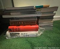Side view of stacked books showing titles such as Africa & Africans, Roots by Alex Haley, and others.