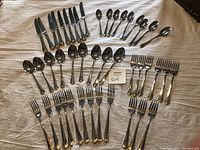 Full set of Oneida stainless steel flatware laid out on a fabric surface, showing knives, forks, soup spoons, and teaspoons.