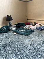 Photo showing Eagles sweatshirts, other sports T-shirts, glass tumbler, Eagles wall clock, and part of the lamp base on carpeted floor