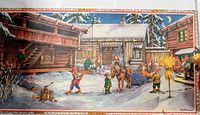 Full view of vintage Christmas poster showing Swedish Santa village scene with multiple figures and wooden houses in winter.